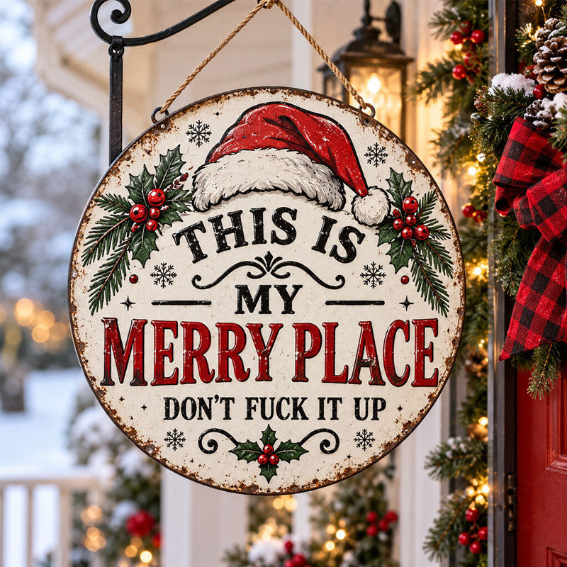 ππ‘ This Is My Merry Place β Vintage Christmas Hanging Sign with Santa Hat & Holly