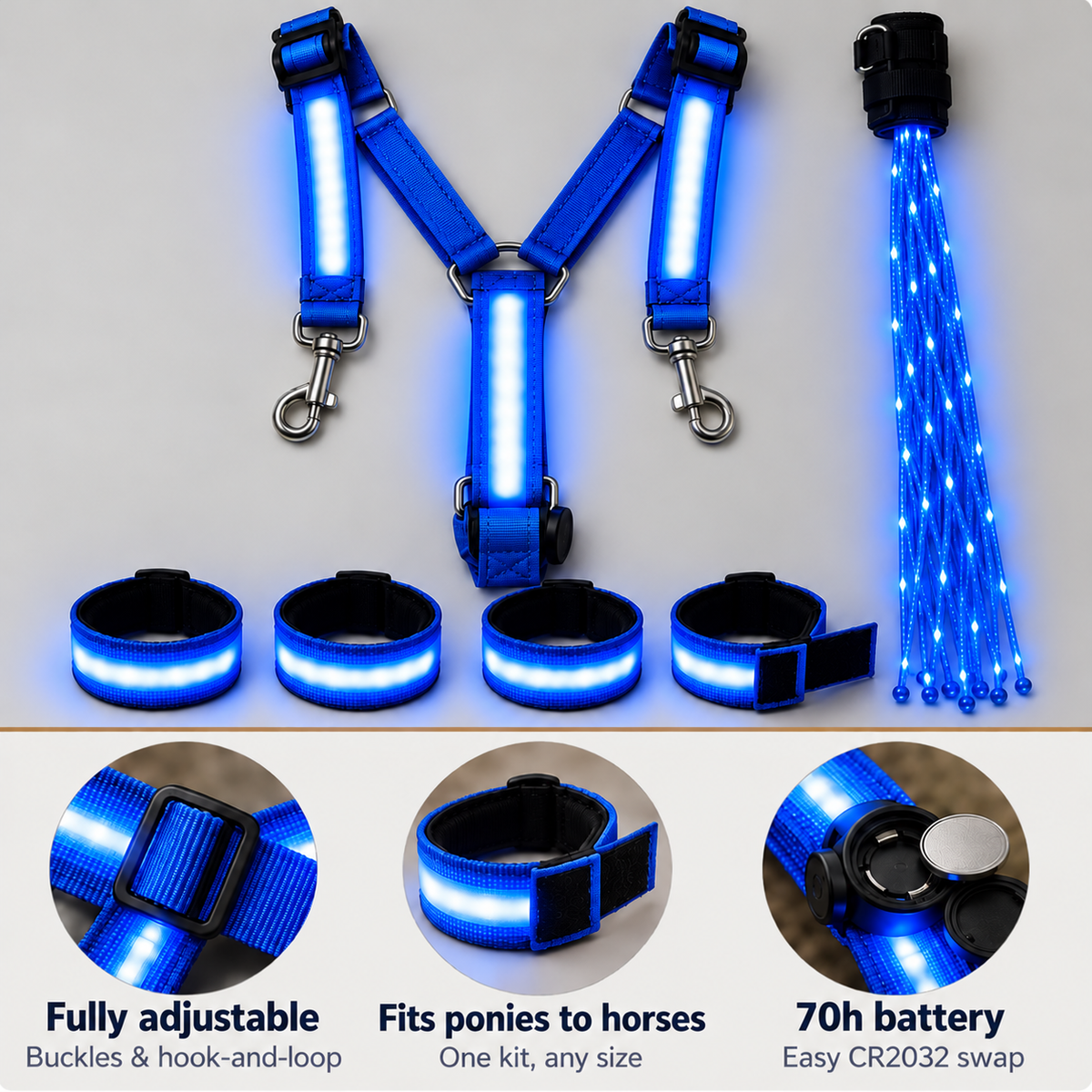 ๐Light-Up Horse Riding Set -- Red LED Leg Straps, Chest Harness & Tail Light for Evening Rides