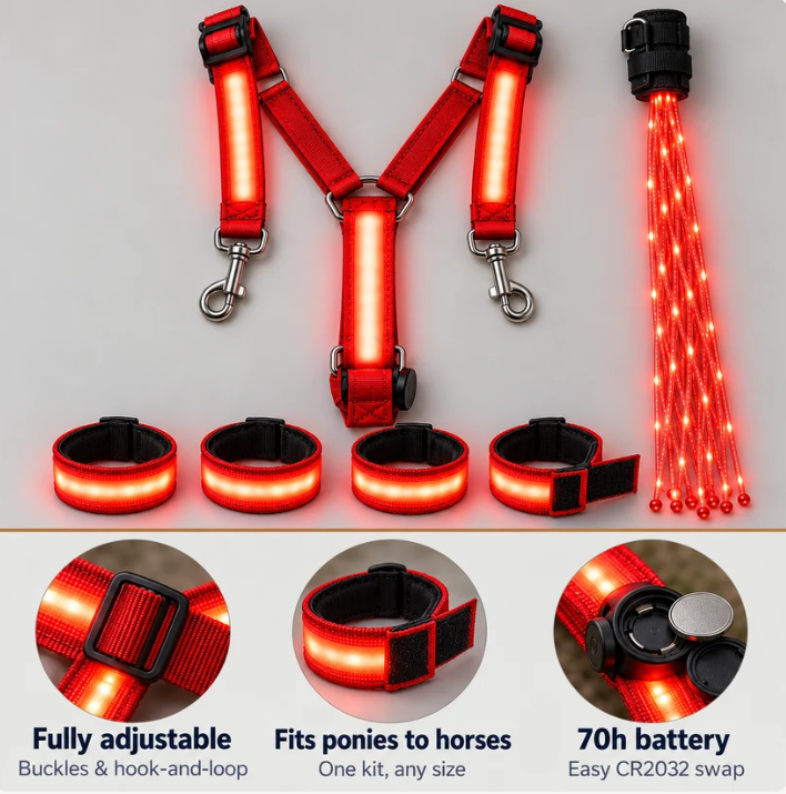🐎Light-Up Horse Riding Set -- Red LED Leg Straps, Chest Harness & Tail Light for Evening Rides