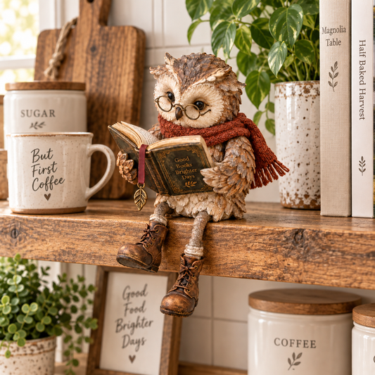 🦉📚 Reading Owl Figurine — Whimsical Book Lover Gift with Glasses, Scarf & Boots