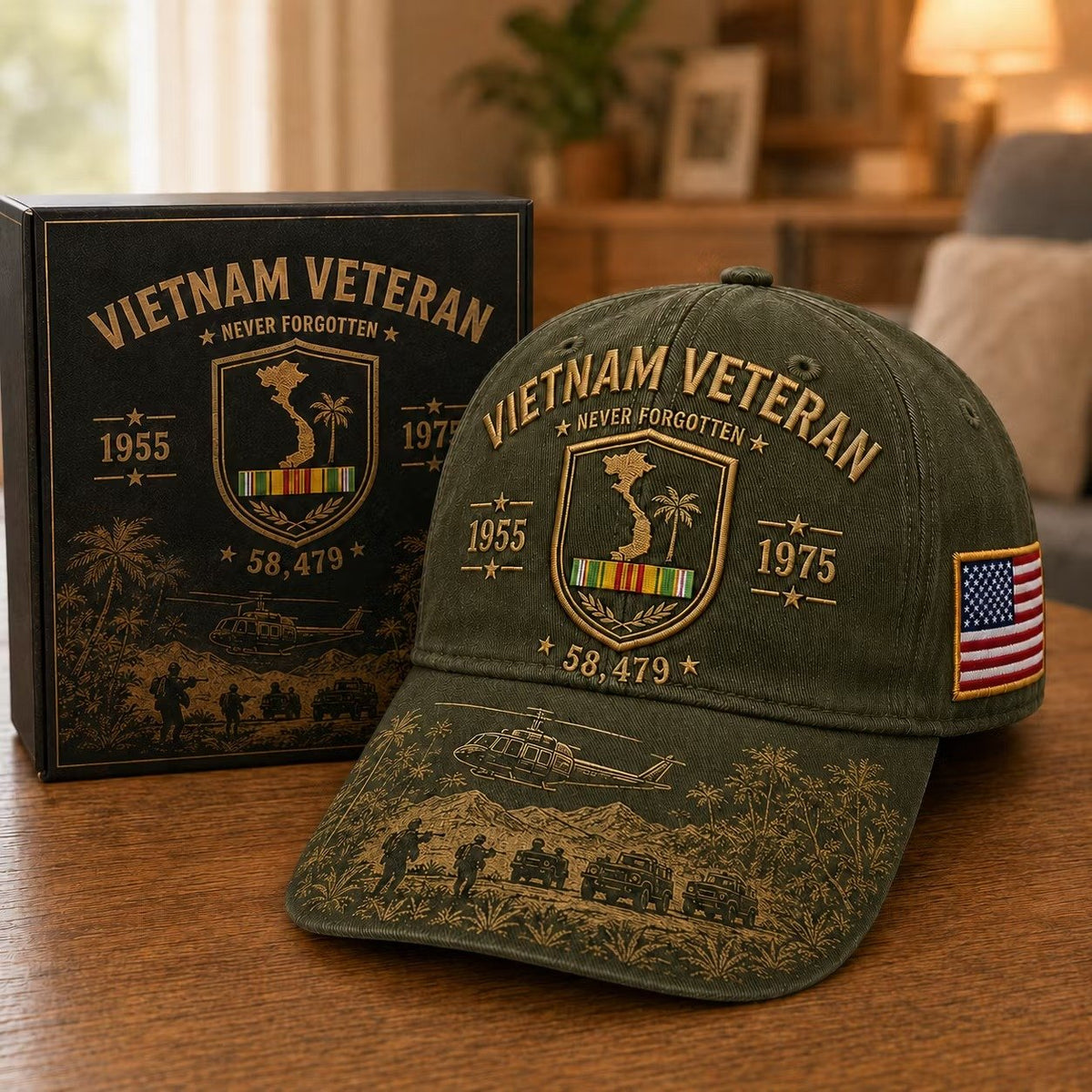 🎖️🇺🇸 Vietnam Veteran Never Forgotten Cap — 1955–1975 Commemorative Military Tribute Hat