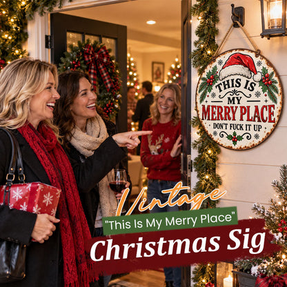 🎄🏡 This Is My Merry Place — Vintage Christmas Hanging Sign with Santa Hat & Holly