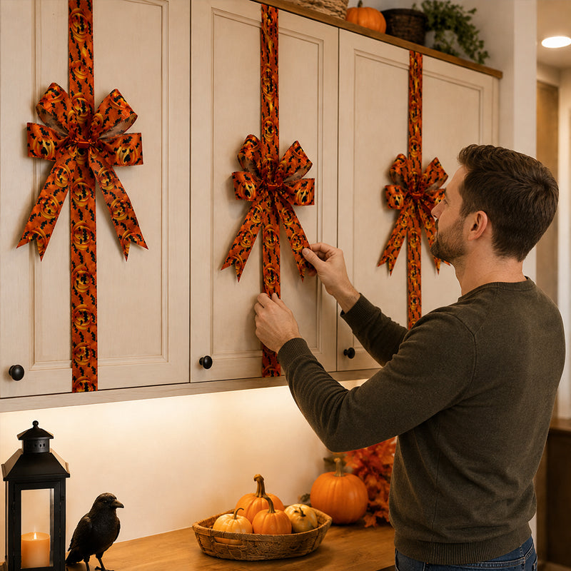 🎃 Halloween Cabinet Bow & Ribbon Wreath: Spooky Cute Kitchen Decor! 👻