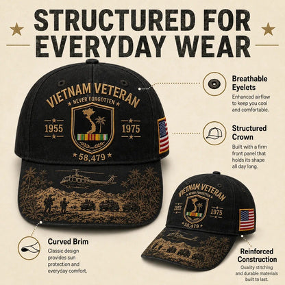 🎖️🇺🇸 Vietnam Veteran Never Forgotten Cap — 1955–1975 Commemorative Military Tribute Hat