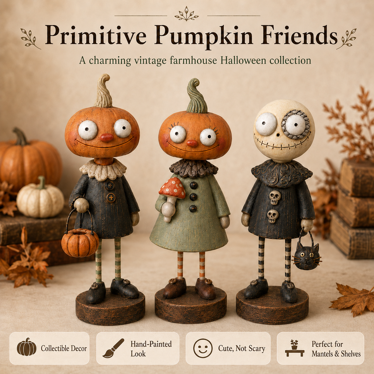 🎃🍂 Primitive Pumpkin Friends Collection — Vintage Halloween Figurines