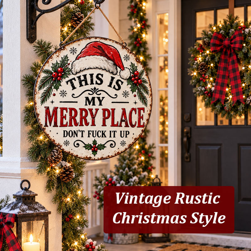 🎄🏡 This Is My Merry Place — Vintage Christmas Hanging Sign with Santa Hat & Holly