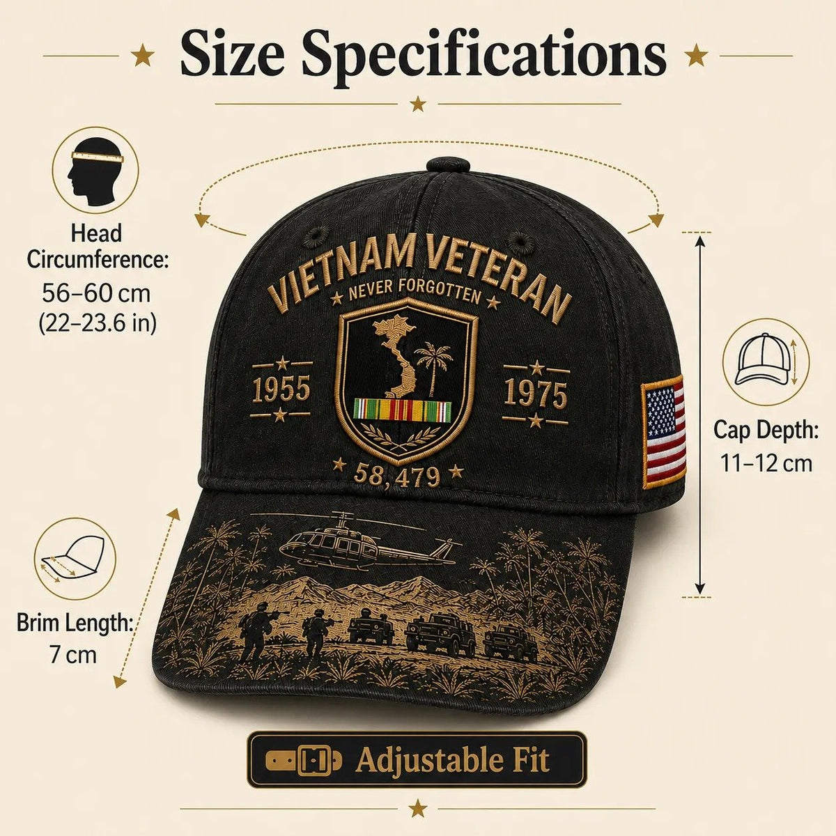 🎖️🇺🇸 Vietnam Veteran Never Forgotten Cap — 1955–1975 Commemorative Military Tribute Hat