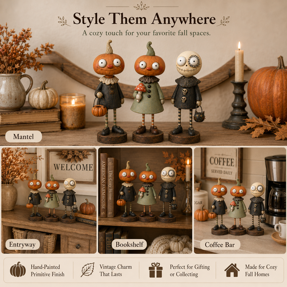 🎃🍂 Primitive Pumpkin Friends Collection — Vintage Halloween Figurines