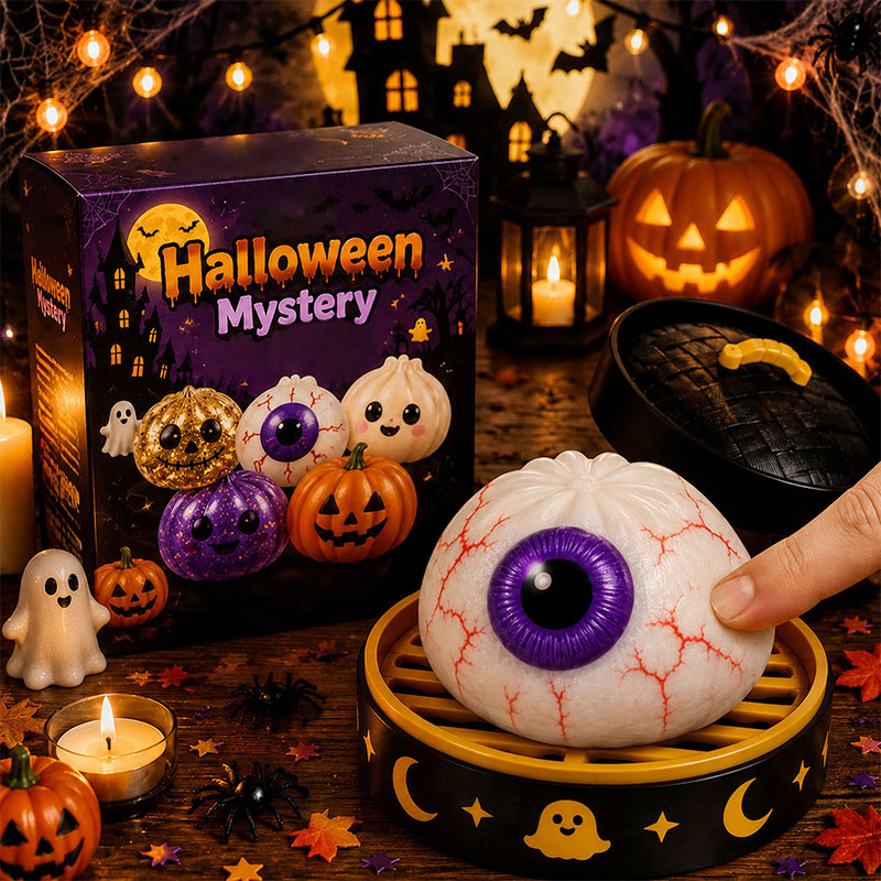 👁️ Halloween Dumpling Squishy Toy: Glow-in-the-Dark Spooky Steamer Blind Box! 🎃