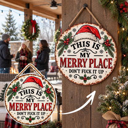 🎄🏡 This Is My Merry Place — Vintage Christmas Hanging Sign with Santa Hat & Holly