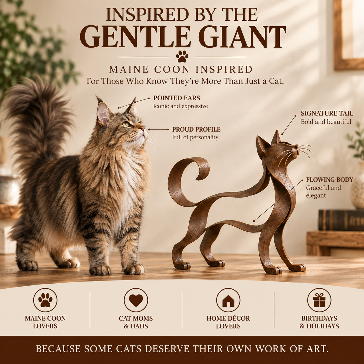 🐾✨ Metal Maine Coon Sculpture — Flowing Silhouette Cat Art for Home Decor