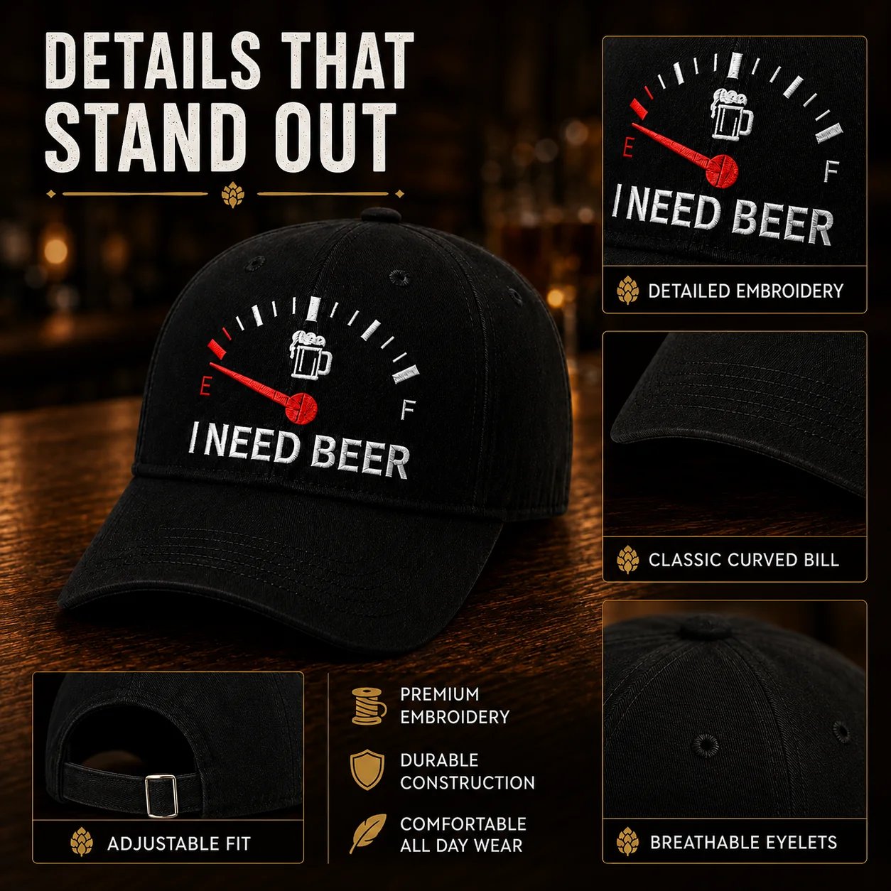 🧢 "I Need Beer" Embroidered Fuel Gauge Cap: Novelty Baseball Hat! 🍺✨