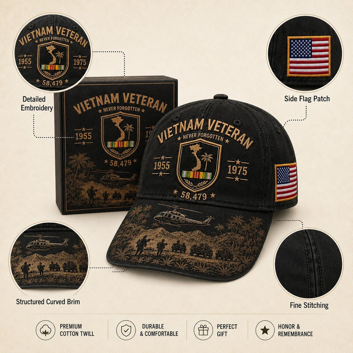 🎖️🇺🇸 Vietnam Veteran Never Forgotten Cap — 1955–1975 Commemorative Military Tribute Hat