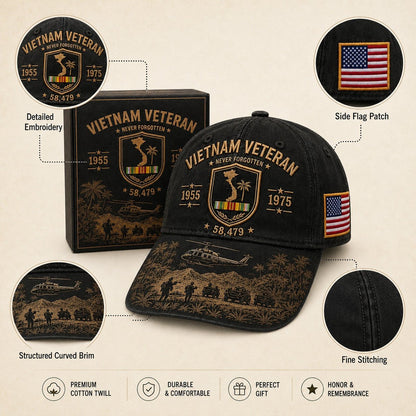 🎖️🇺🇸 Vietnam Veteran Never Forgotten Cap — 1955–1975 Commemorative Military Tribute Hat
