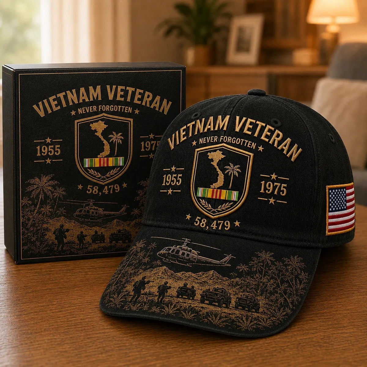 🎖️🇺🇸 Vietnam Veteran Never Forgotten Cap — 1955–1975 Commemorative Military Tribute Hat