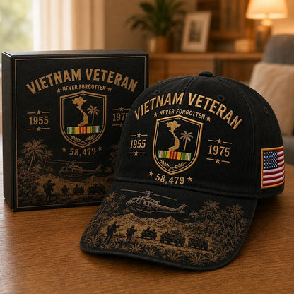 🎖️🇺🇸 Vietnam Veteran Never Forgotten Cap — 1955–1975 Commemorative Military Tribute Hat