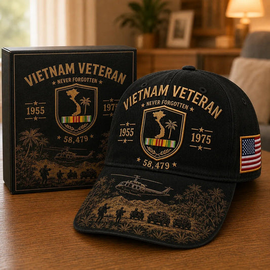 🎖️🇺🇸 Vietnam Veteran Never Forgotten Cap — 1955–1975 Commemorative Military Tribute Hat