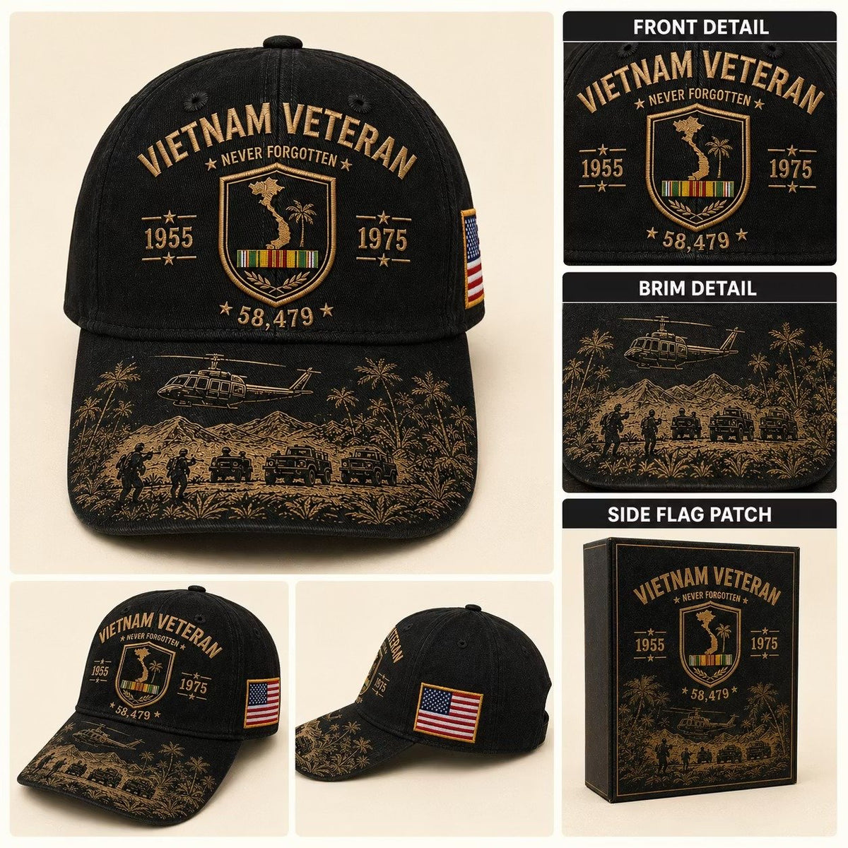 🎖️🇺🇸 Vietnam Veteran Never Forgotten Cap — 1955–1975 Commemorative Military Tribute Hat