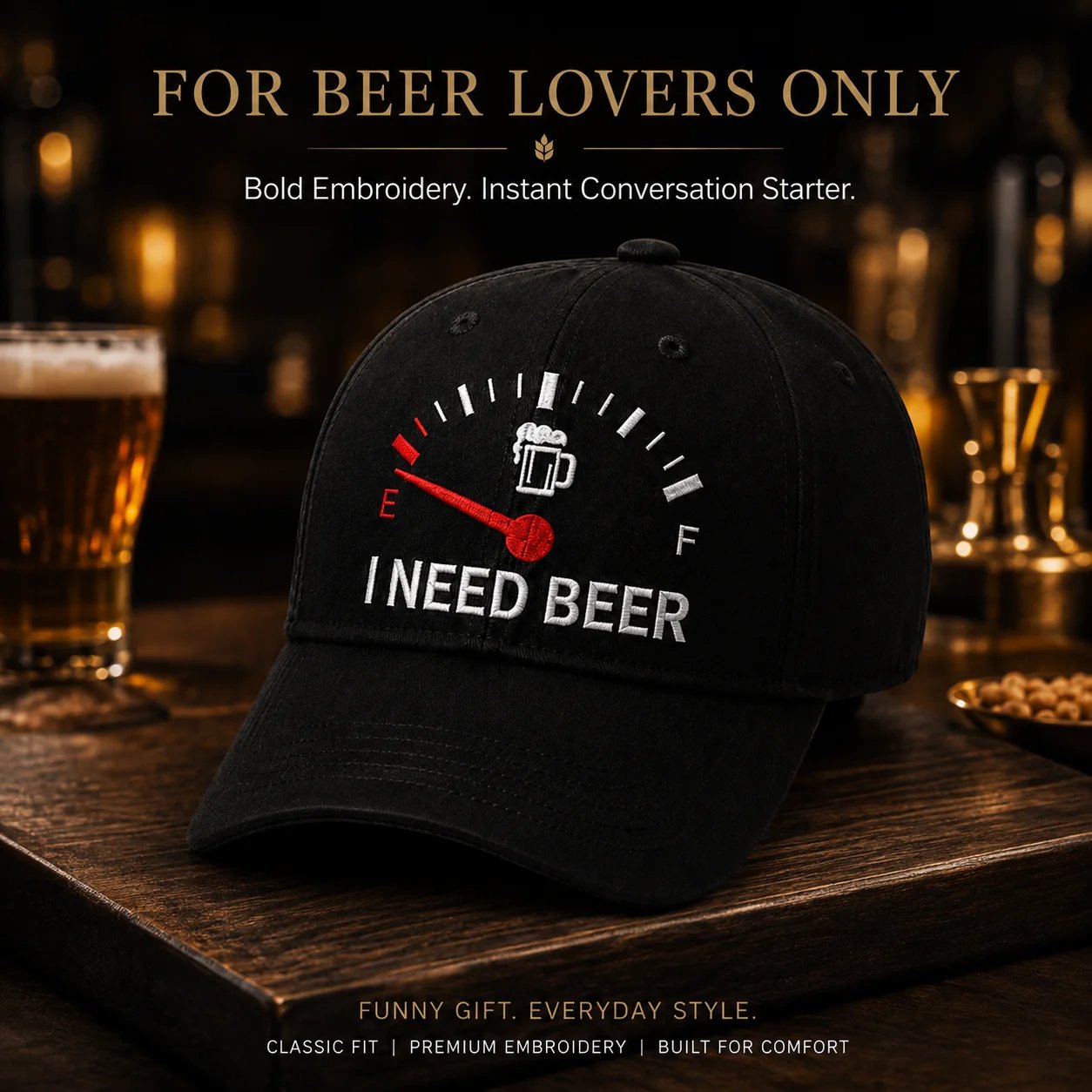 🧢 "I Need Beer" Embroidered Fuel Gauge Cap: Novelty Baseball Hat! 🍺✨