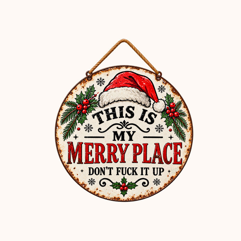 🎄🏡 This Is My Merry Place — Vintage Christmas Hanging Sign with Santa Hat & Holly