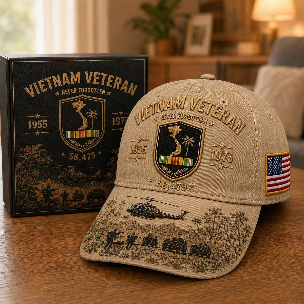 🎖️🇺🇸 Vietnam Veteran Never Forgotten Cap — 1955–1975 Commemorative Military Tribute Hat