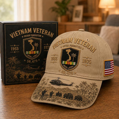 🎖️🇺🇸 Vietnam Veteran Never Forgotten Cap — 1955–1975 Commemorative Military Tribute Hat