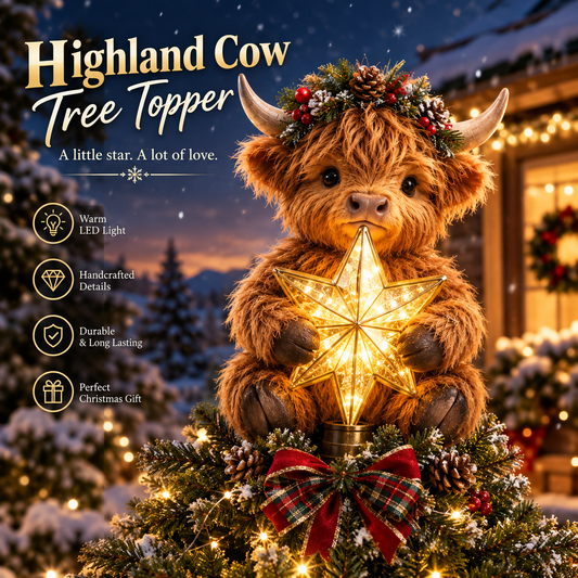 🐮⭐ Baby Highland Cow Tree Topper — Glowing Star, Fluffy Charm for Christmas Trees