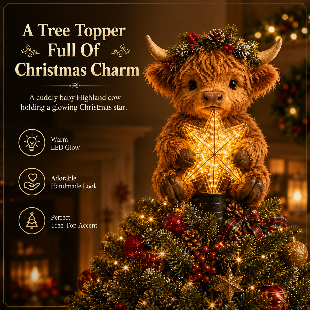 🐮⭐ Baby Highland Cow Tree Topper — Glowing Star, Fluffy Charm for Christmas Trees
