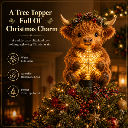 🐮⭐ Baby Highland Cow Tree Topper — Glowing Star, Fluffy Charm for Christmas Trees