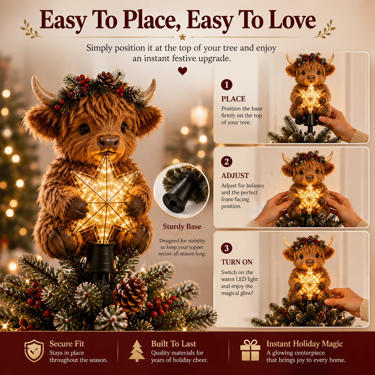 🐮⭐ Baby Highland Cow Tree Topper — Glowing Star, Fluffy Charm for Christmas Trees