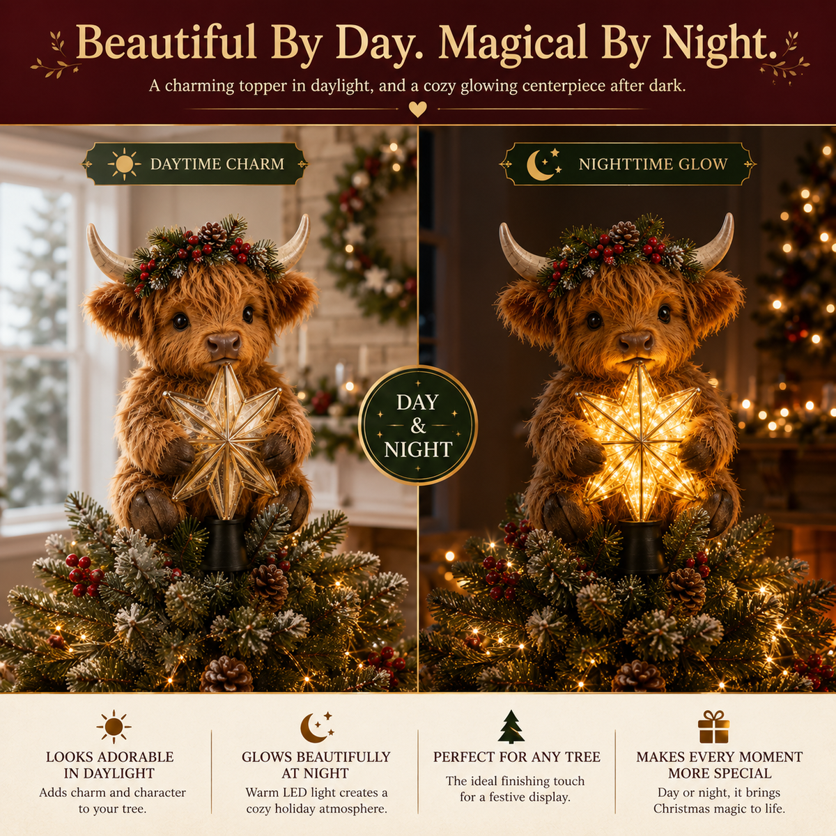 🐮⭐ Baby Highland Cow Tree Topper — Glowing Star, Fluffy Charm for Christmas Trees