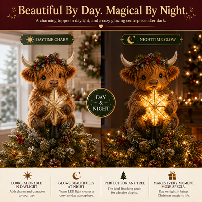 🐮⭐ Baby Highland Cow Tree Topper — Glowing Star, Fluffy Charm for Christmas Trees