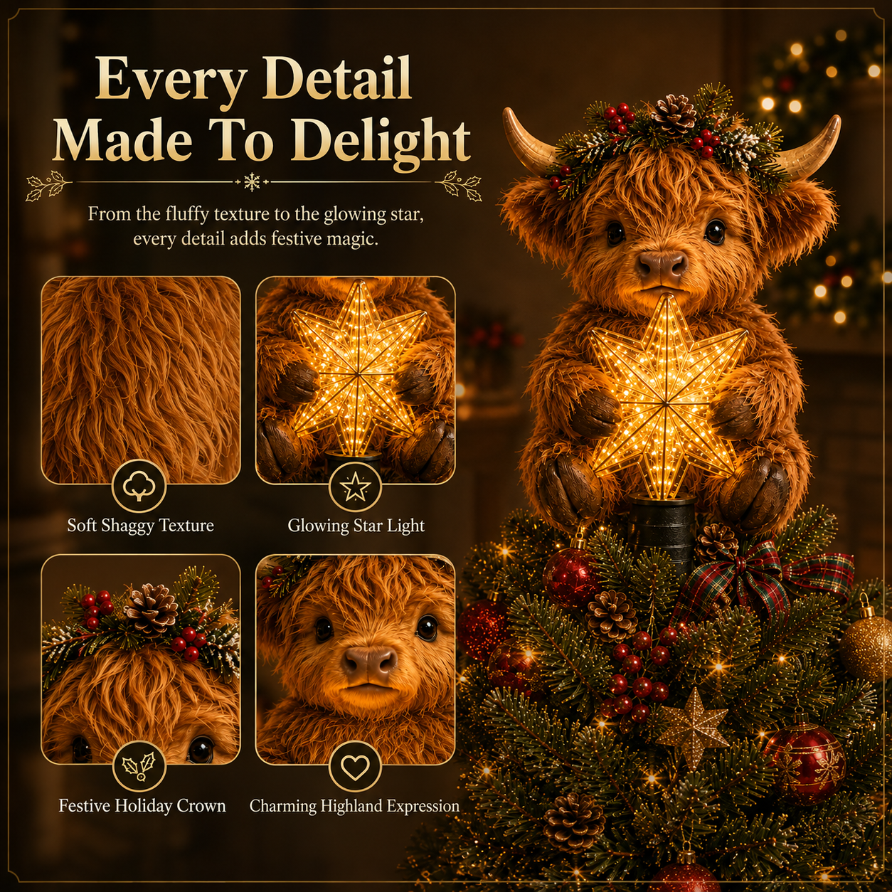 🐮⭐ Baby Highland Cow Tree Topper — Glowing Star, Fluffy Charm for Christmas Trees