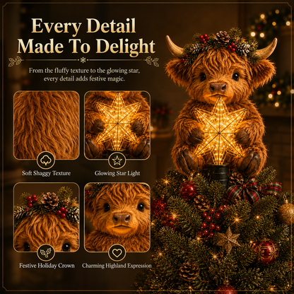 🐮⭐ Baby Highland Cow Tree Topper — Glowing Star, Fluffy Charm for Christmas Trees