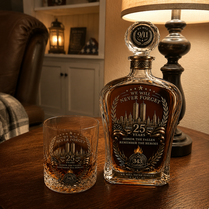 🕯️🇺🇸 9/11 25th Anniversary Whisky Decanter Set — Commemorative Tribute to 343 Heroes