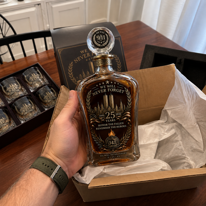 🕯️🇺🇸 9/11 25th Anniversary Whisky Decanter Set — Commemorative Tribute to 343 Heroes