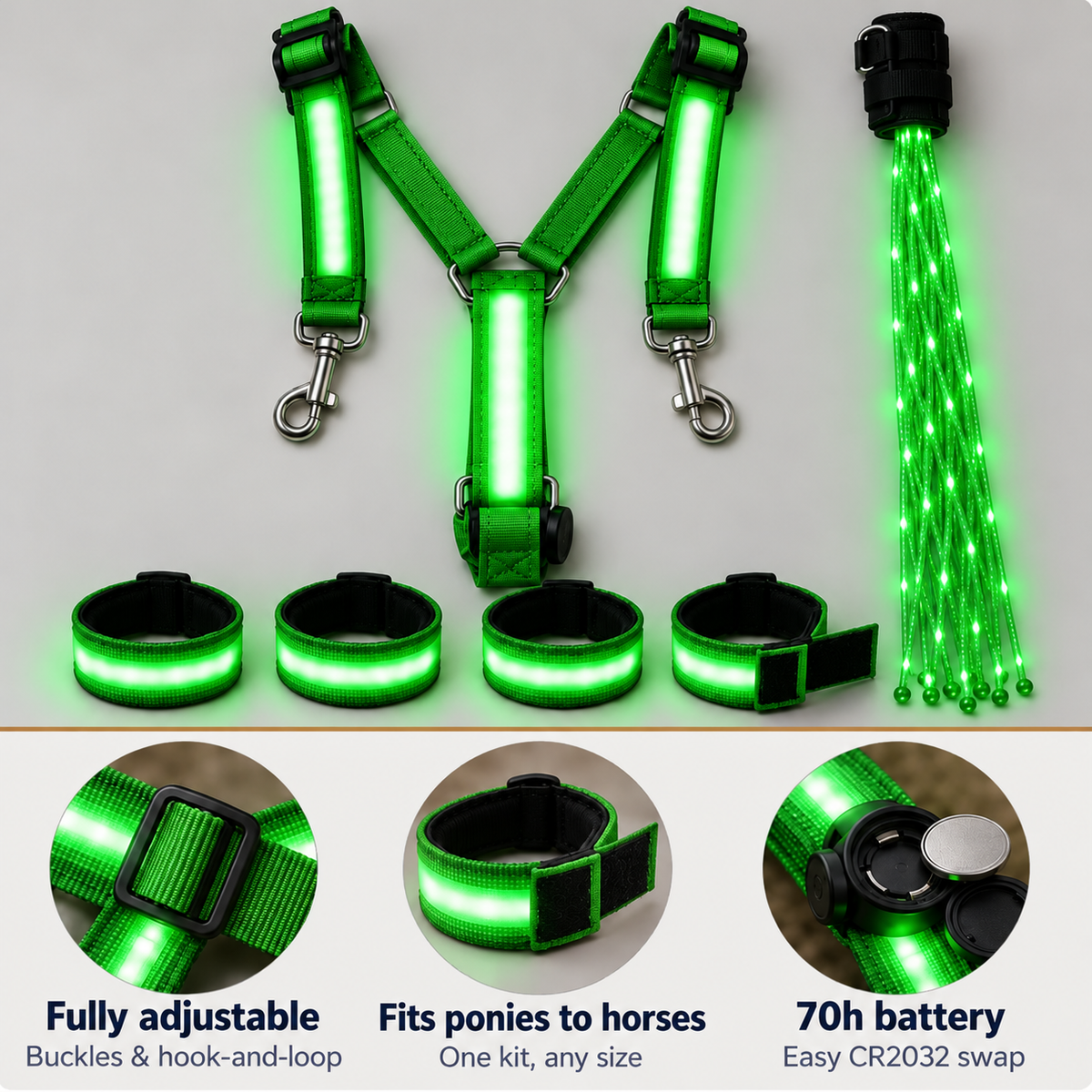 🐎Light-Up Horse Riding Set -- Red LED Leg Straps, Chest Harness & Tail Light for Evening Rides