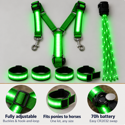 🐎Light-Up Horse Riding Set -- Red LED Leg Straps, Chest Harness & Tail Light for Evening Rides