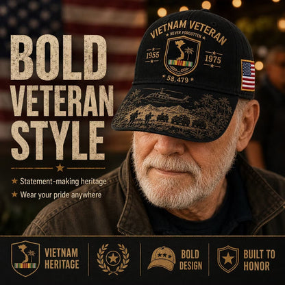 🎖️🇺🇸 Vietnam Veteran Never Forgotten Cap — 1955–1975 Commemorative Military Tribute Hat