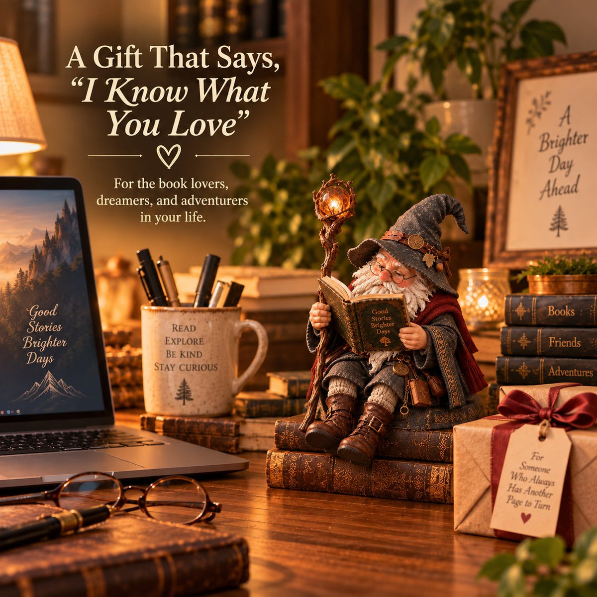 📚🧙‍♂️ The Wandering Scholar Gnome — Fantasy Book Lover Figurine for Cozy Reading Corners