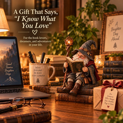 📚🧙‍♂️ The Wandering Scholar Gnome — Fantasy Book Lover Figurine for Cozy Reading Corners