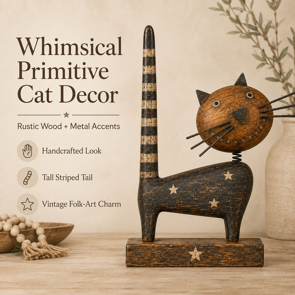 🐈✨ Odd, Charming, Unforgettable — Primitive Folk Art Cat Figurine