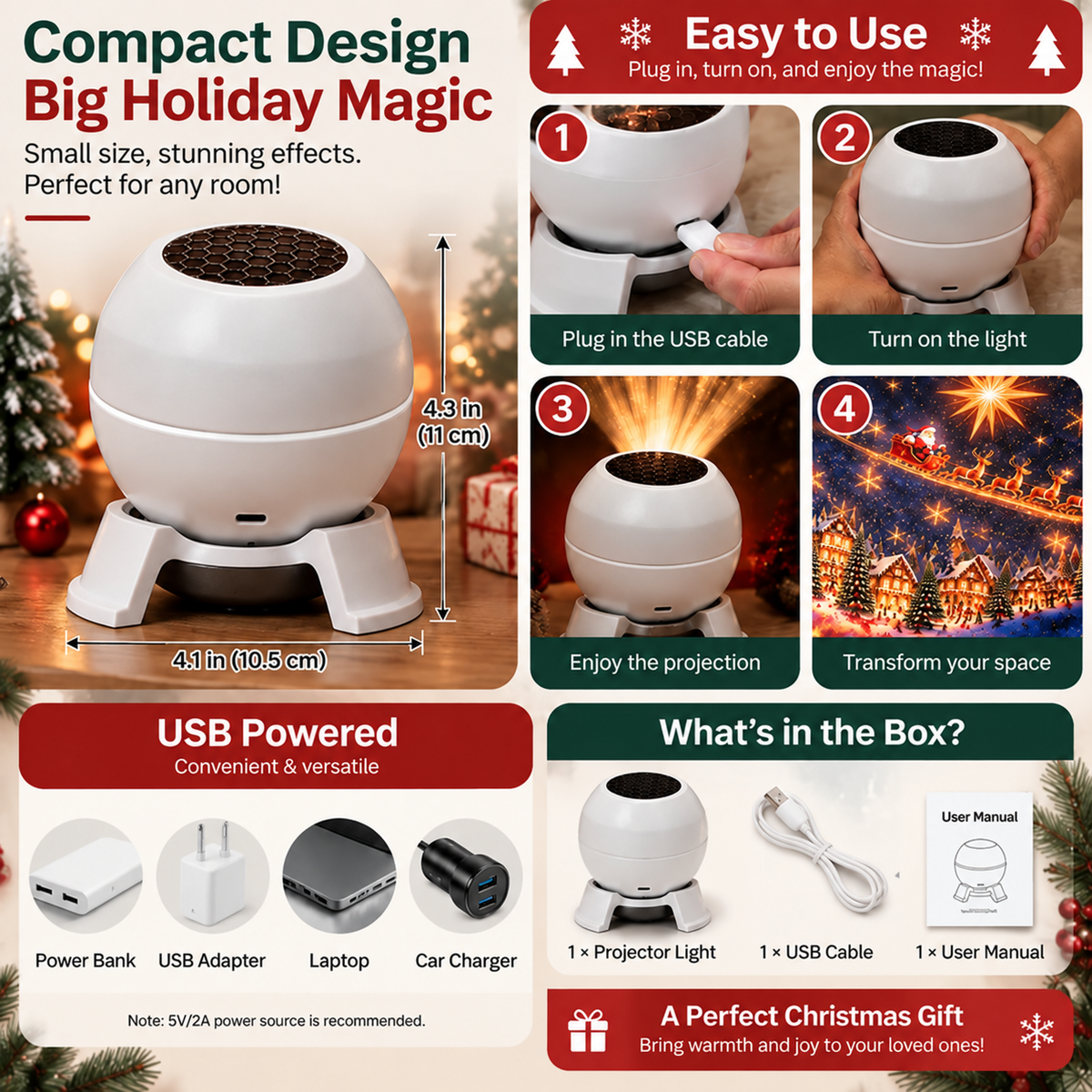 🎄✨ Christmas Projection Night Light — USB-Powered Holiday Scene for Walls & Ceiling