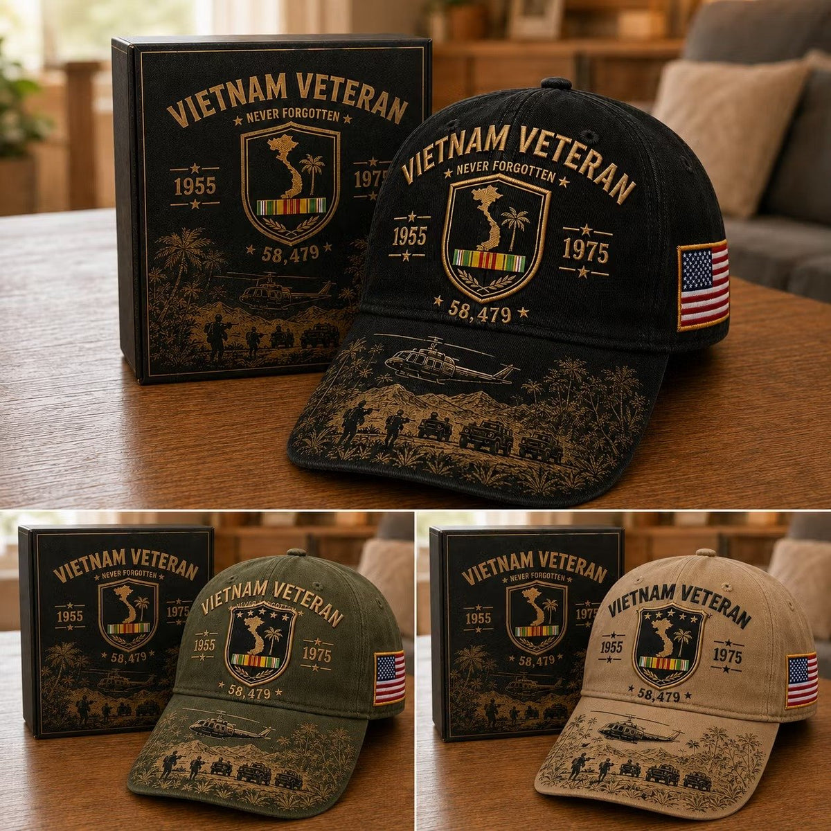 🎖️🇺🇸 Vietnam Veteran Never Forgotten Cap — 1955–1975 Commemorative Military Tribute Hat