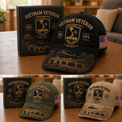 🎖️🇺🇸 Vietnam Veteran Never Forgotten Cap — 1955–1975 Commemorative Military Tribute Hat