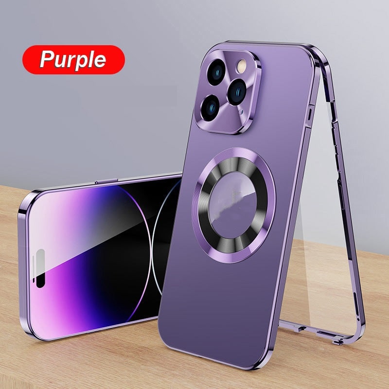 Double-sided magnetic phone case with electroplated glass